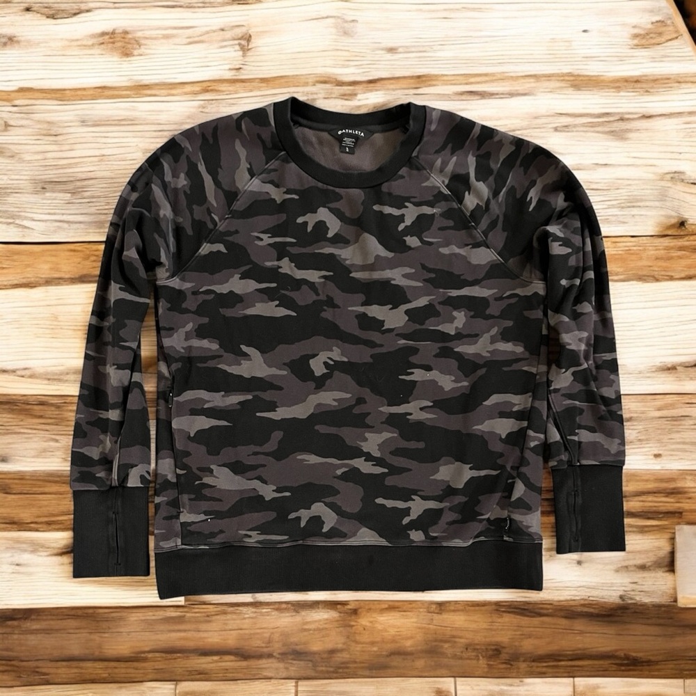 Athleta Womens Large Black Gray Camo Triumph Crewneck Sweatshirt Zip Pockets L